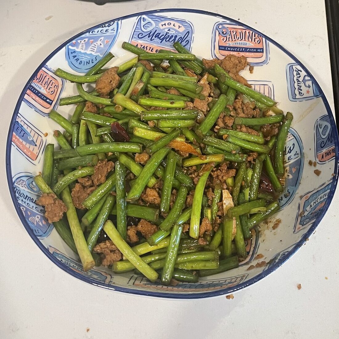 Stir-fried garlic scapes with minced pork
